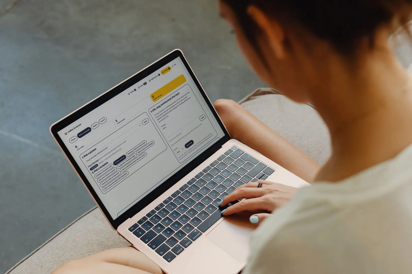 A student on a sofa uses the Coffee To Career app on a laptop, the messages page open with sample data.