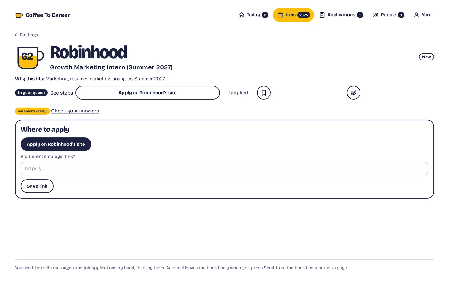 One posting's page: its fit score in a cup, why it fits, and where to apply. Sample data.
