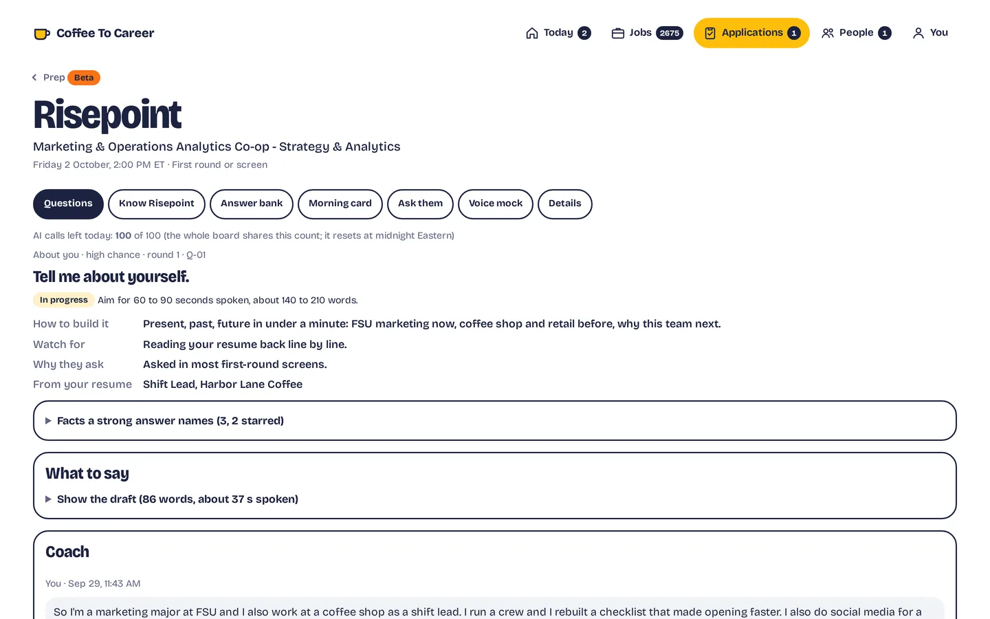 A prep room for one interview, open to a practice question. Sample data.