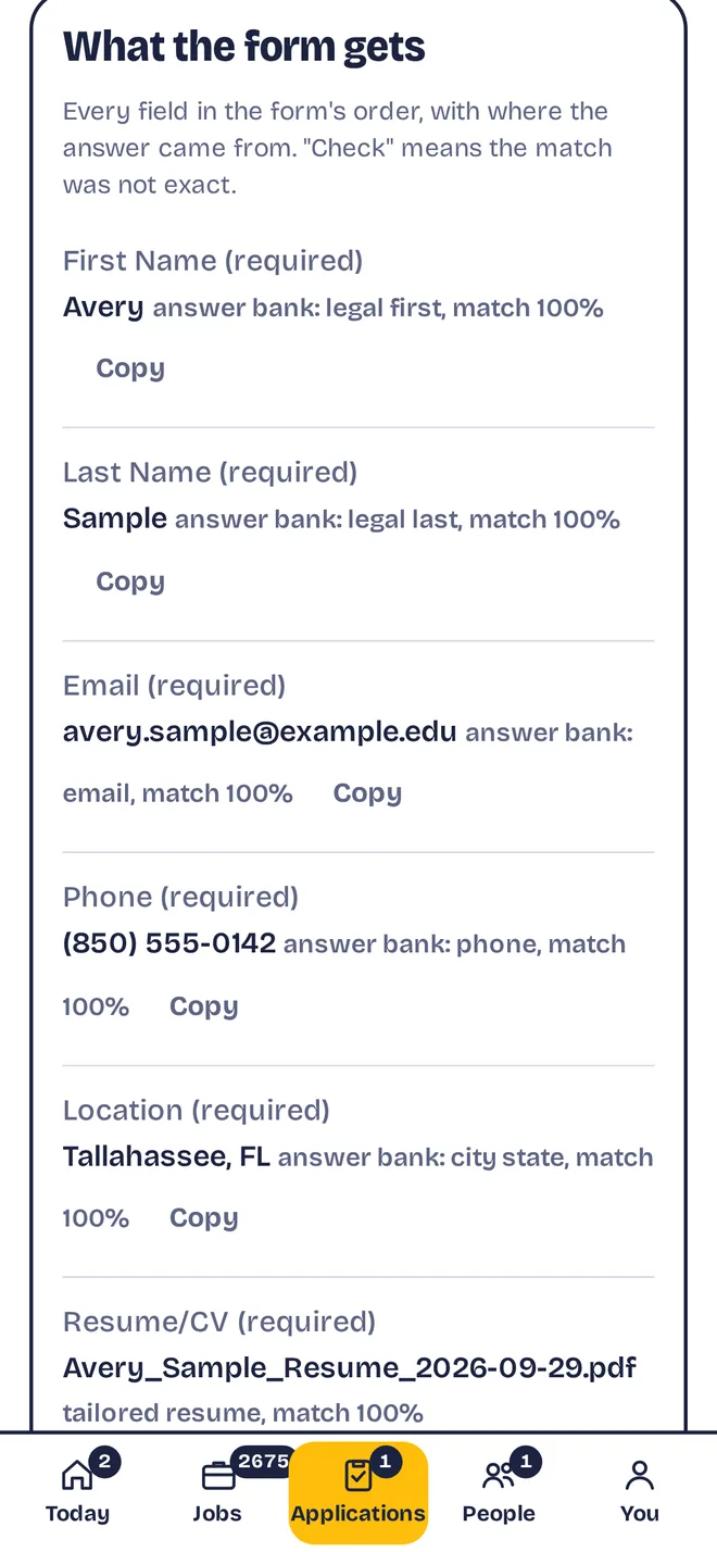 One application: each form question with the answer lined up to copy and where it came from. Sample data.