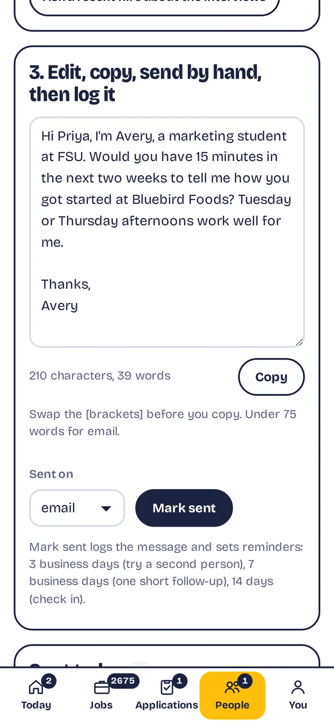 A drafted coffee chat note to a saved person, with Copy and Mark sent. Sample data.
