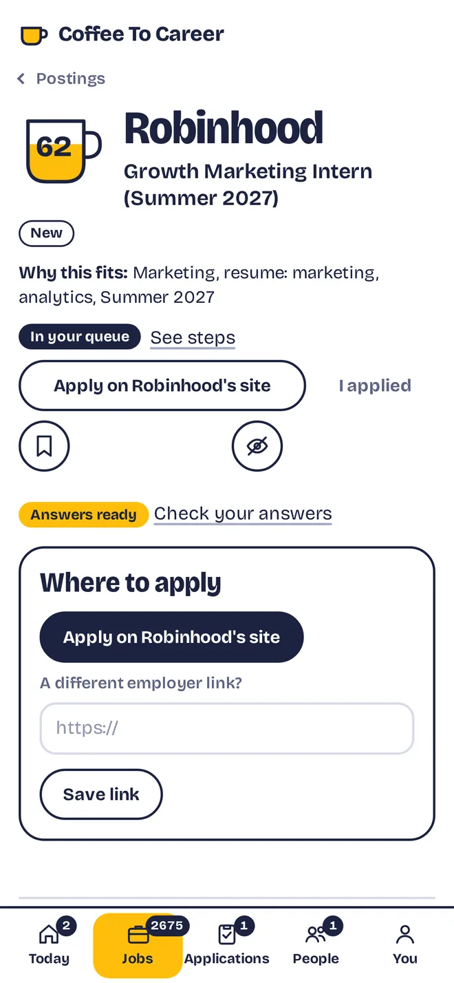 One posting's page: its fit score in a cup, why it fits, and where to apply. Sample data.