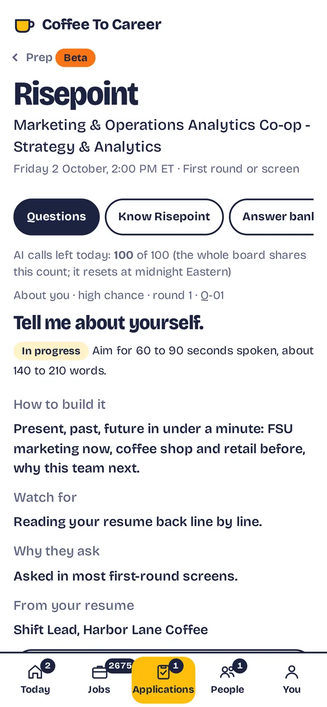 A prep room for one interview, open to a practice question. Sample data.