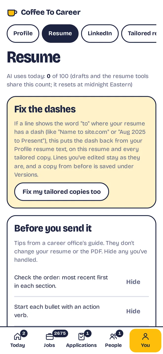 The resume page, with tips to check before you send it. Sample data.
